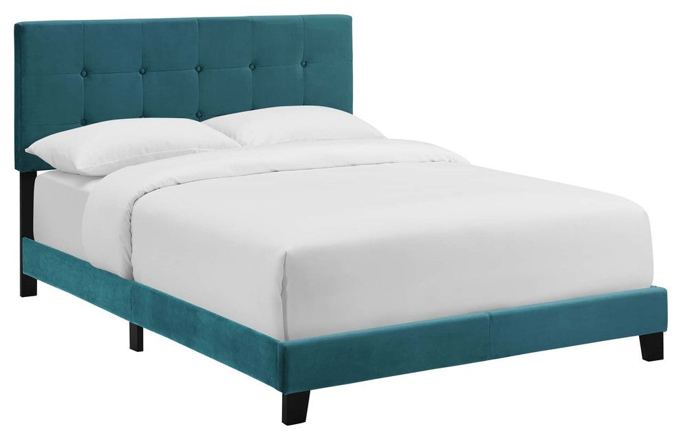 Amira King Upholstered Velvet Bed, Sea Blue
