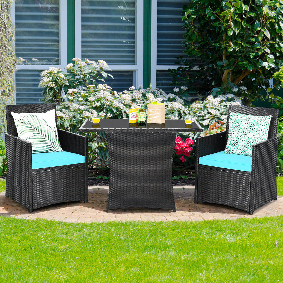 Patiojoy 3PCS Patio Rattan Furniture Set Cushion Sofa Armrest Garden Turquoise