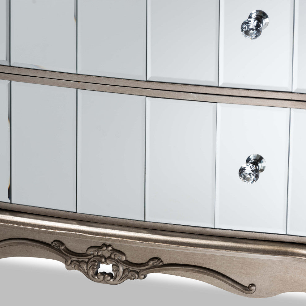 Elgin Brushed Silver Finished Wood and Mirrored Glass 4-Drawer Cabinet