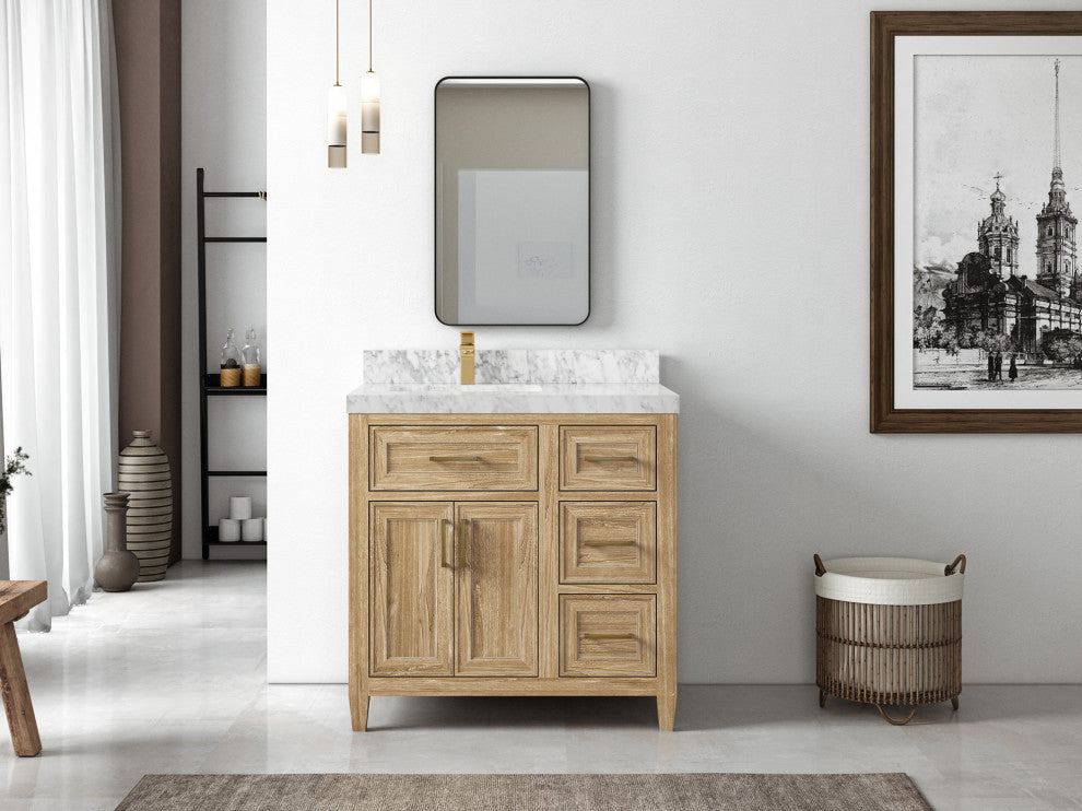 Santa Monica 36 Left Offset  Bath Vanity in Whitewashed Teak 2" Carrara Marble