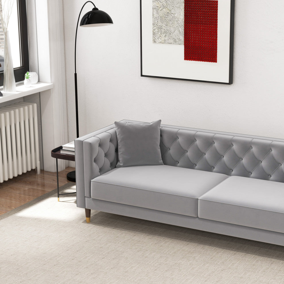 Lewis Mid-Century Modern Luxury Tufted Velvet Sofa, Light Grey