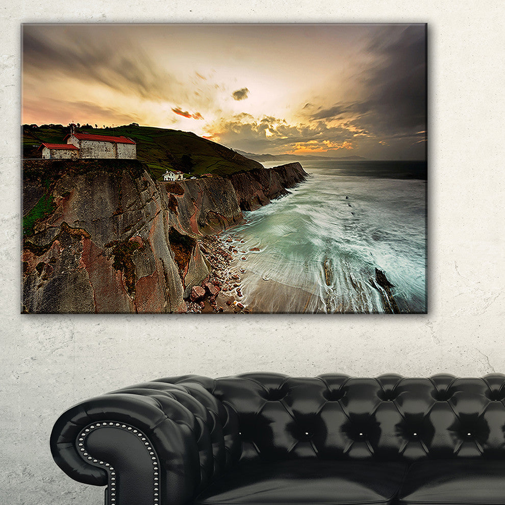 "Ocean Hitting Rocky Hill" Seashore Canvas Photo Print, 40"x20"