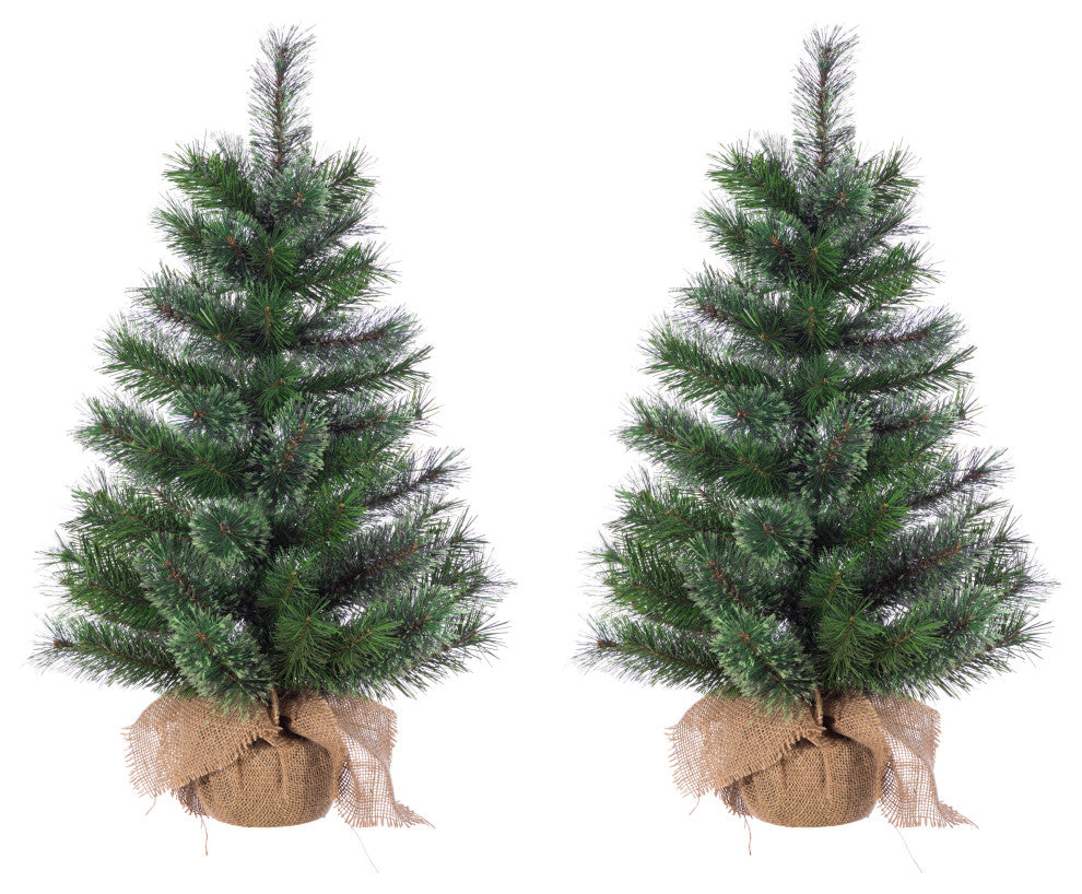 Set of 2, Unlit 30" Hard Needle Pine, Burlap Bag Base