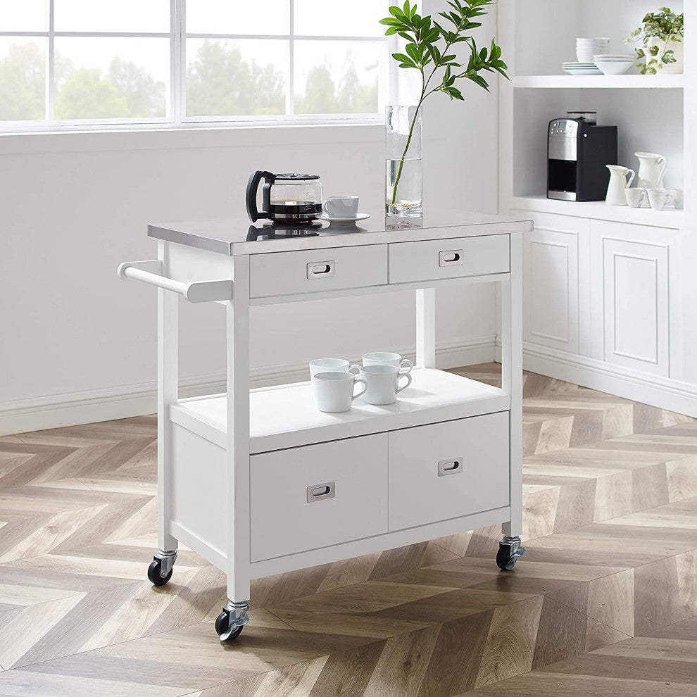 Modern Kitchen Cart, Stainless Steel Top and Spacious Drawer, Glossy White