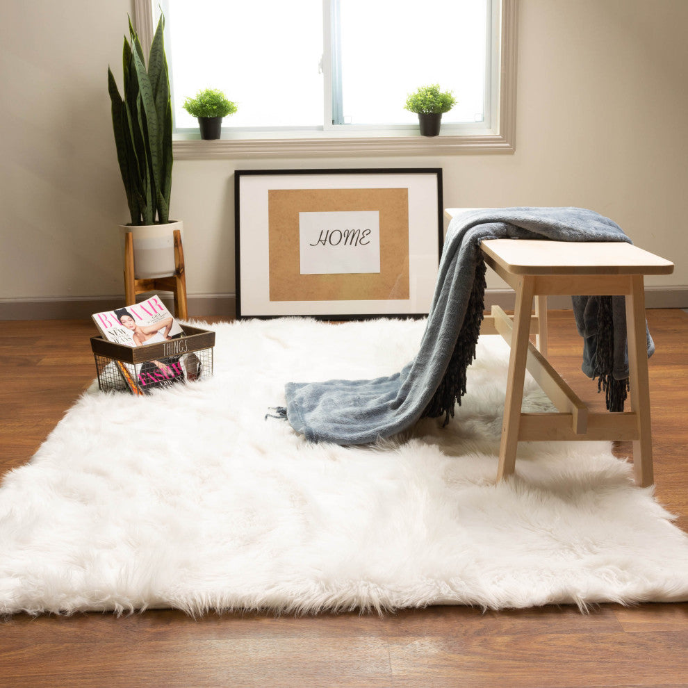 Plush and Soft Faux Sheepskin Fur Shag Area Rug, White, 4' X 6'