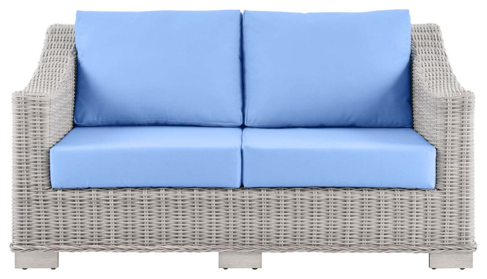 Lounge Loveseat Sofa, Rattan, Wicker, Gray Blue, Modern, Outdoor Patio Cafe