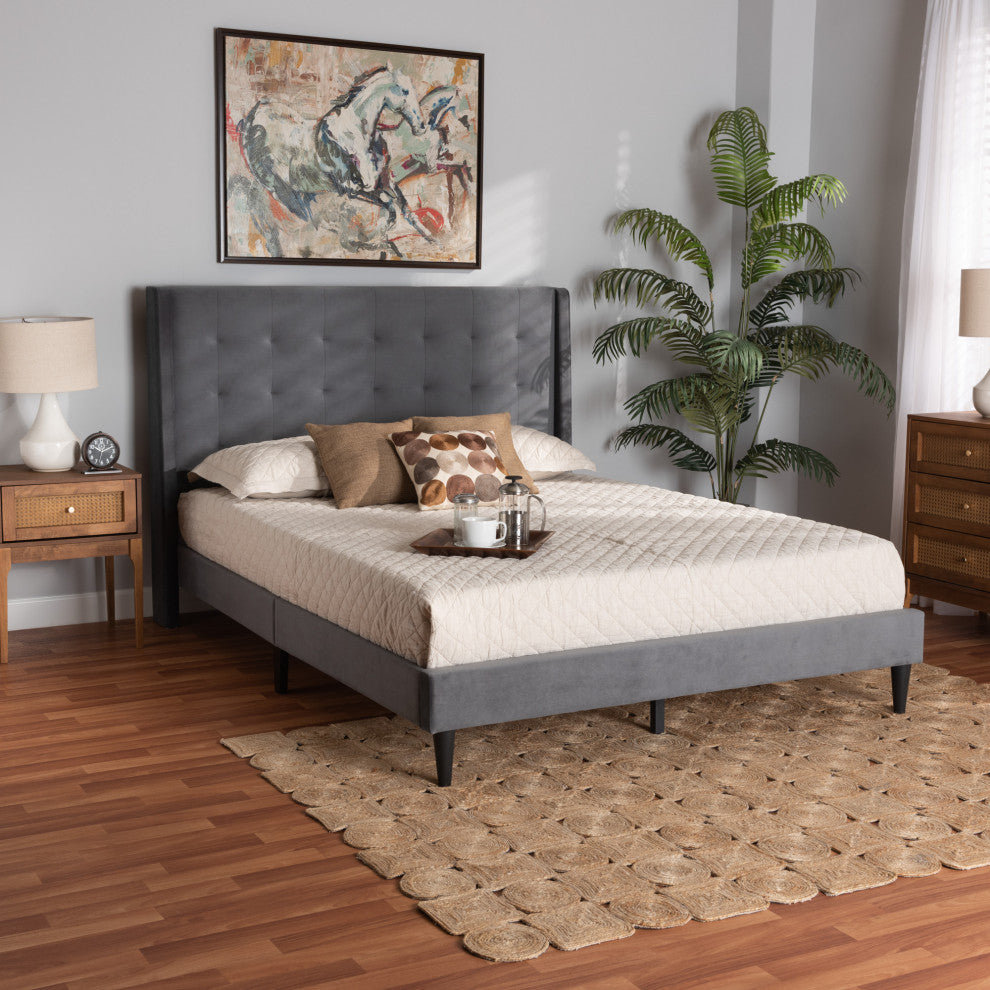 Violeta Modern Velvet Upholstered Platform Bed, Gray/Dark Brown, Queen