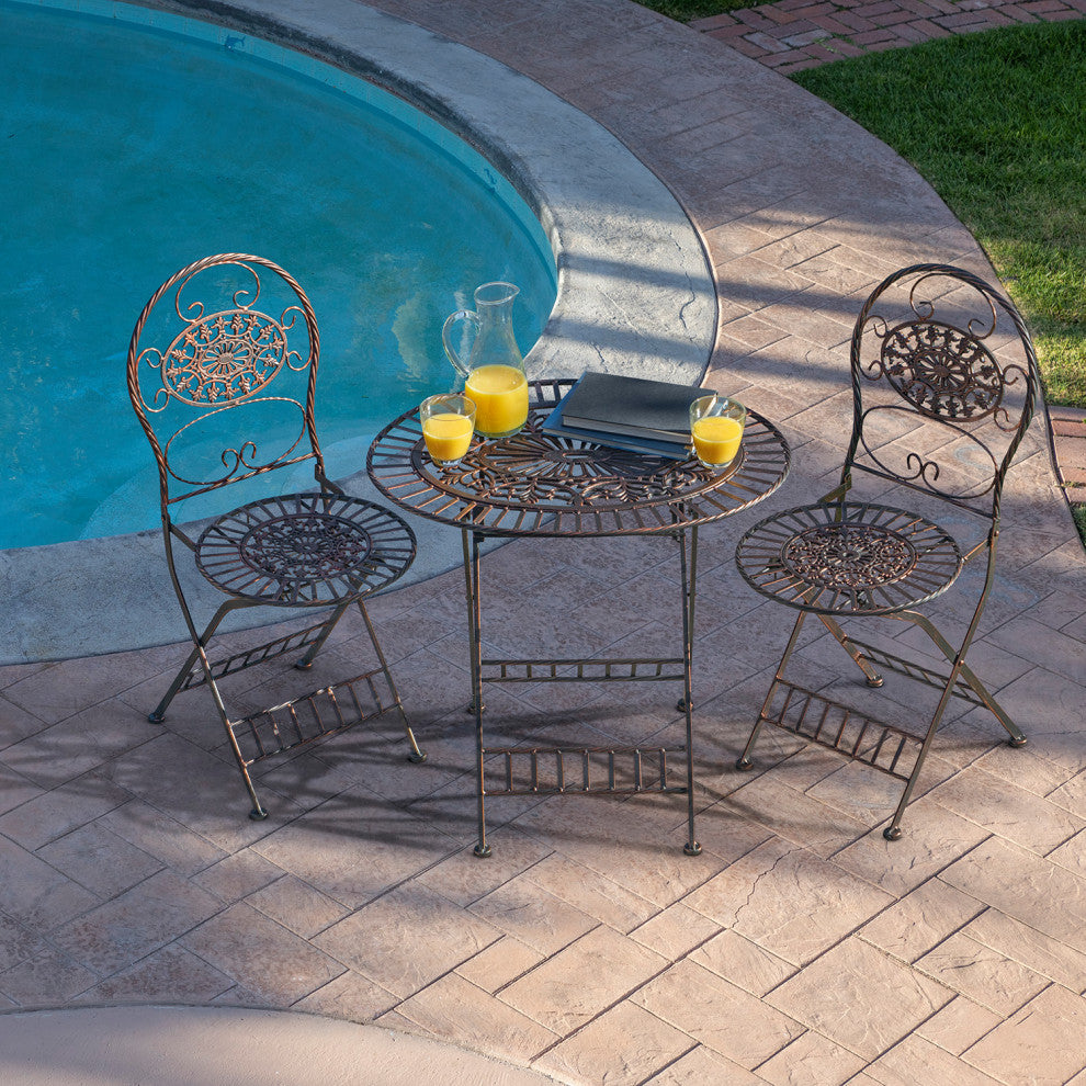 3-Piece Oval Bistro Set Folding Table and Chairs Patio Seating, Bronze