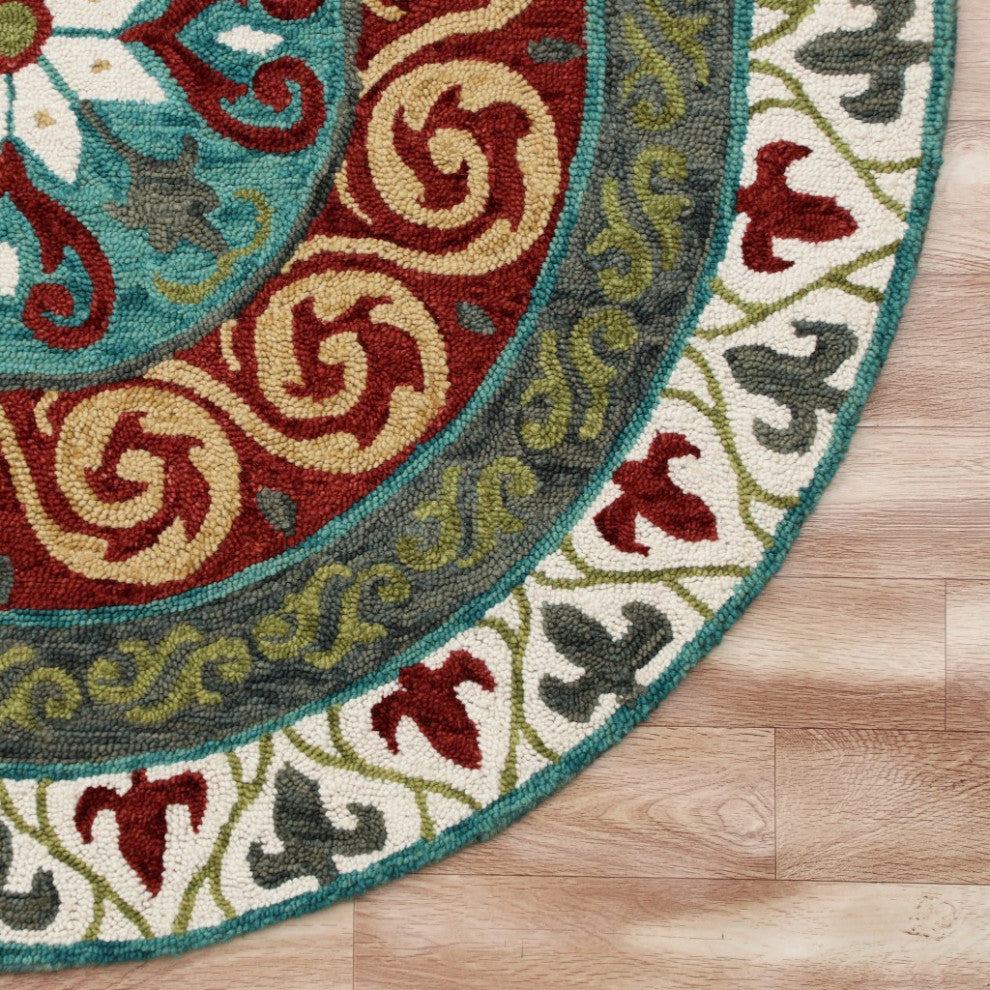 7" Round Red and Sage Medallion Area Rug