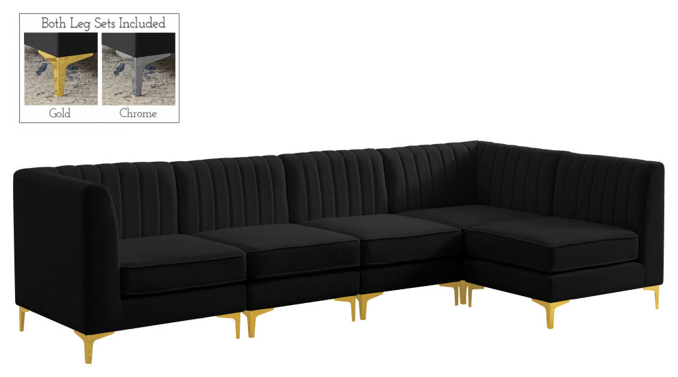 Alina Velvet Modular L-Shaped Modular Sectional, Black, 5-Piece: 3 Armless Chair, 2 Corner Chair