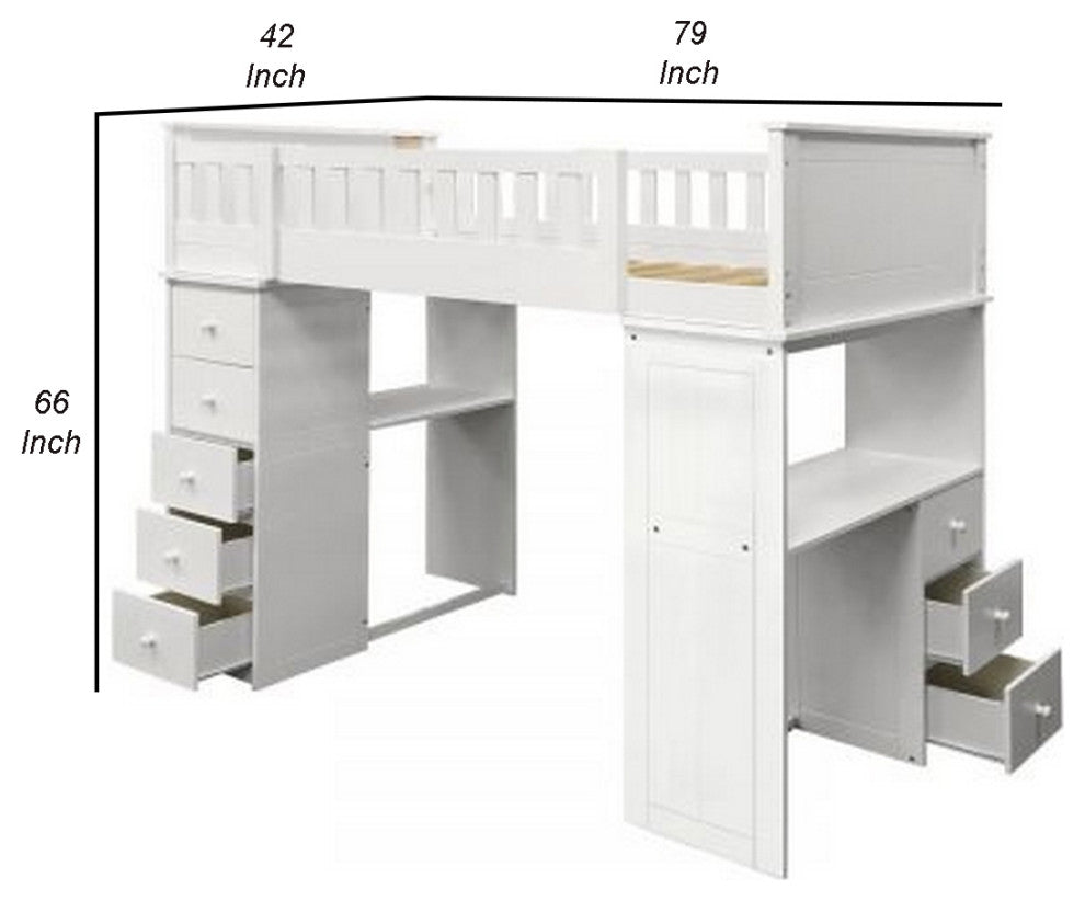 Benzara BM266513 Twin Loft bed With 8 Drawers and 1 Desk, White