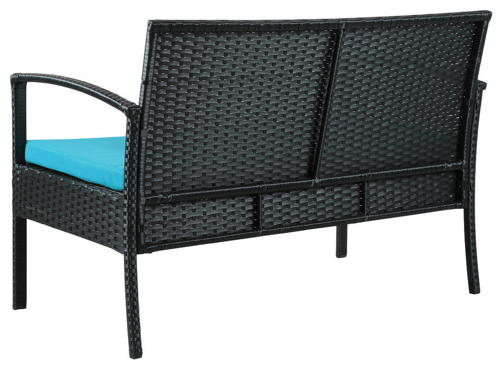 Teaset 4 Piece Black Wicker Outdoor Patio Conversation Set with Blue Cushions