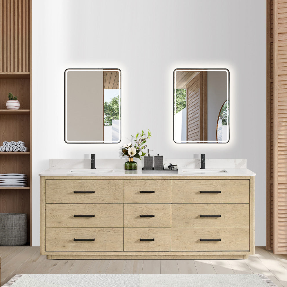 Porto Bath Vanity with White Quartz Stone Top, Natural Oak, 84 in., No Mirror