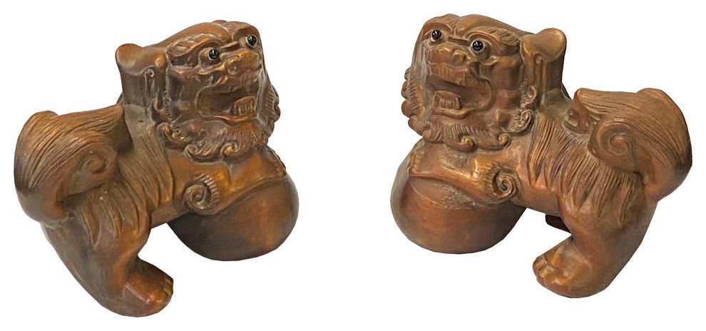 Chinese Pair Wood Carved Mini Foo Dog Lion FengShui Figures Hws2386