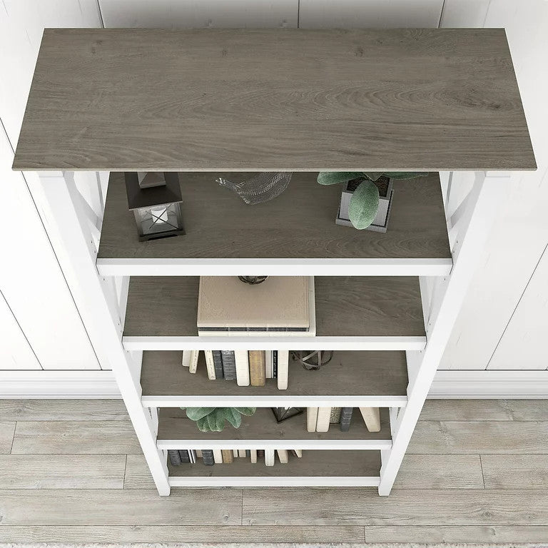 Set of 2 Farmhouse Bookcase, Open Shelves With X-Sides, Shiplap Gray/Pure White