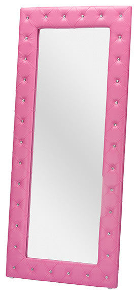 Stella Crystal Tufted Modern Pink Faux Leather Floor Mirror