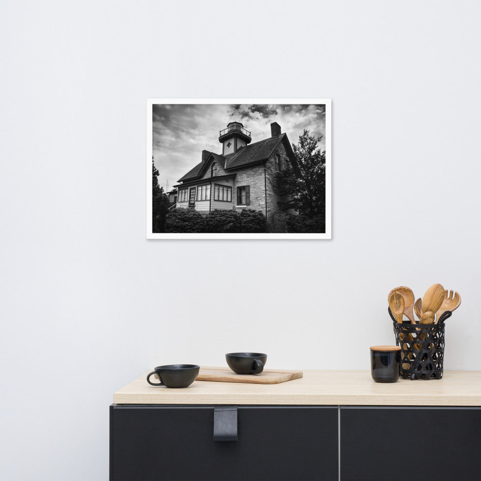 Cedar Point Lighthouse in Black and White Framed Photo Paper Wall Art Prints, White, 18" X 24"