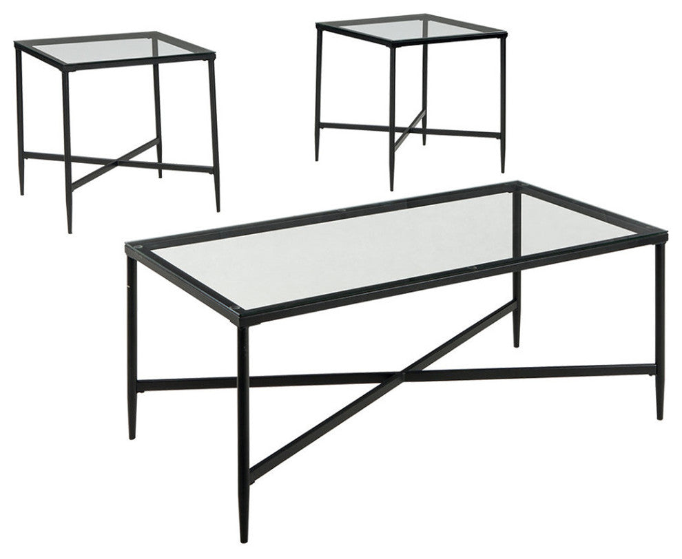 Metal Framed Table Set with Glass Top & Cross Bar Stretcher, Set of 3, Black