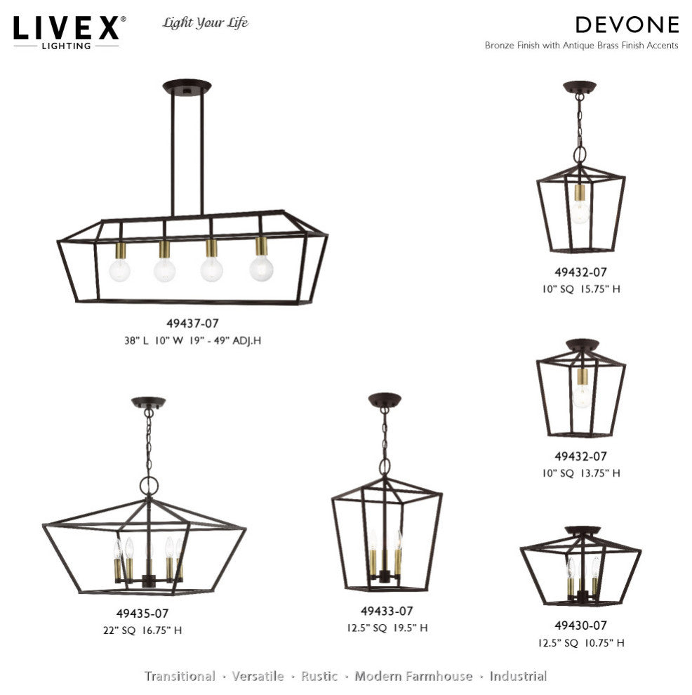 Devone 4 Light Bronze With Antique Brass Accents Linear Chandelier