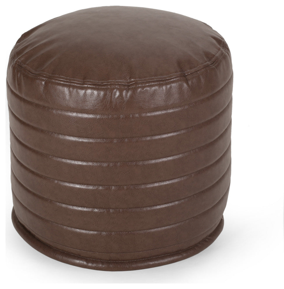 Conrail Contemporary Faux Leather Channel Stitch Pouf, Brown, Cylinder