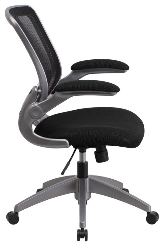 Mid-Back Mesh Swivel Task Chair With Gray Frame and Flip-Up Arms, Black, 25.25"