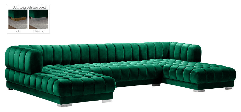 Gwen Biscuit Tufted Velvet Upholstered 3 Piece Sectional, Green