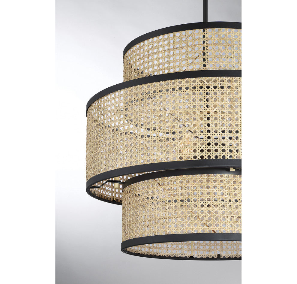 3-Light Pendant, Natural Cane With Matte Black