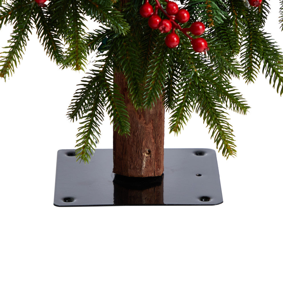 4' Victoria Fir Faux Xmas Tree W/ Lights, Berries & Bendable Branches