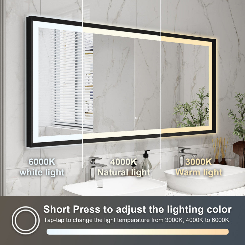Beveled Bathroom LED Mirror Framed, Backlit and Front Light, Matte Black, 60"x28"