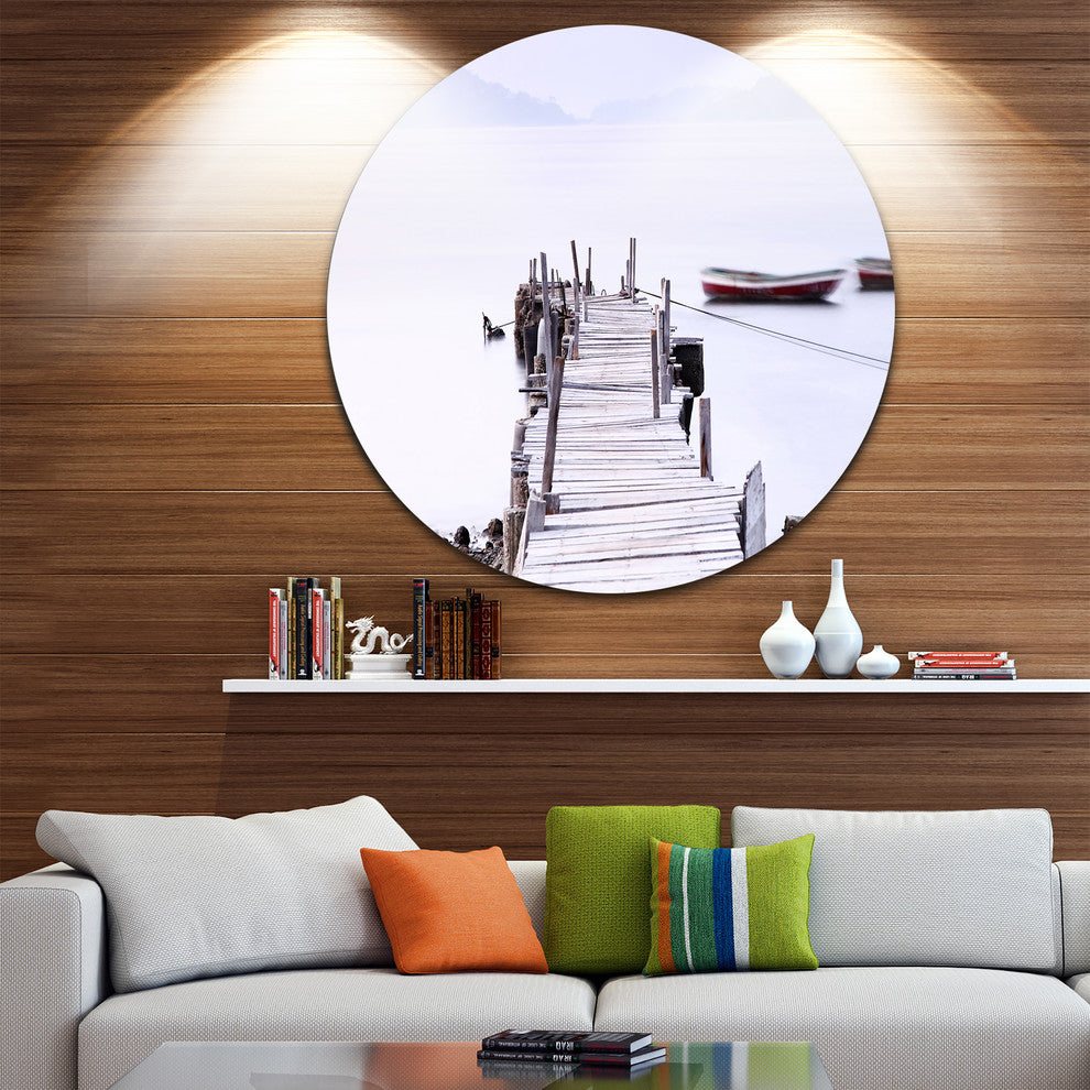 Foggy Sea With Pier And Boats, Seascape Photo Disc Metal Wall Art, 11"