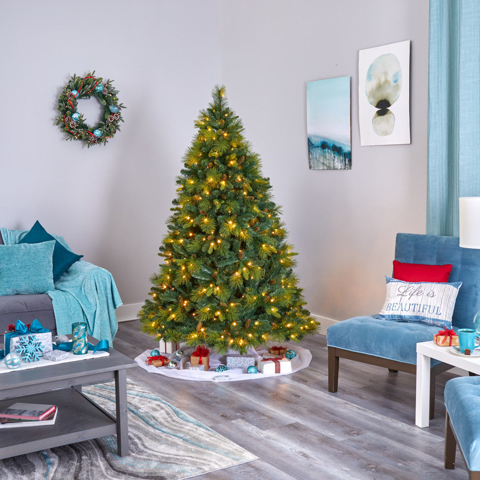 6.5' North Carolina Pine Faux Xmas Tree W/Lights, Bendable Branches & Pinecones