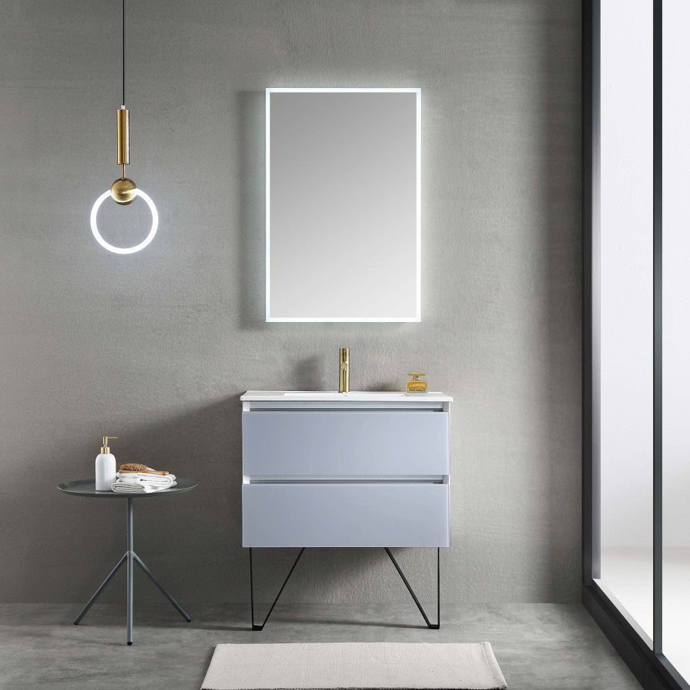 LED Lighted Bathroom Vanity With Ceramic Sink and Dimmed Light, Light Gray, 30"