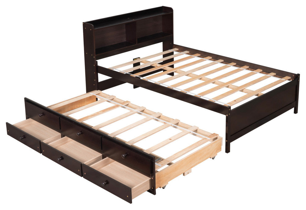 Full/Twin Wood Frame Platform Bed with Trundle and Drawers, Espresso, Full