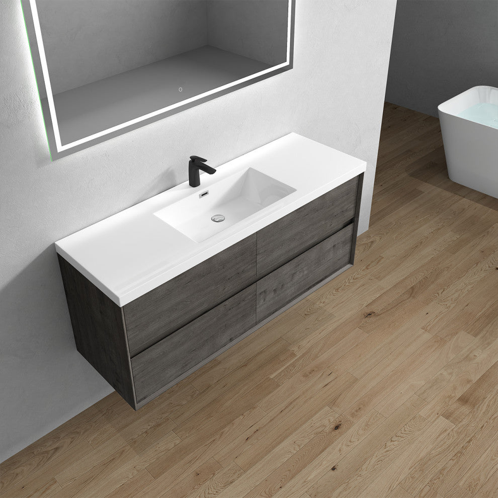 Kingdee Smoke Oak Wall Mounted Vanity With Reinforced Acrylic Sink, 60''