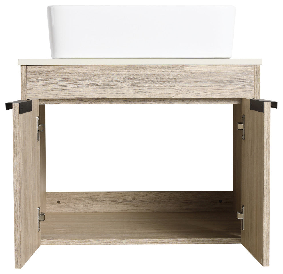Wall-Mounted Bath Vanity, White Oak, White Ceramic Vessel Sink