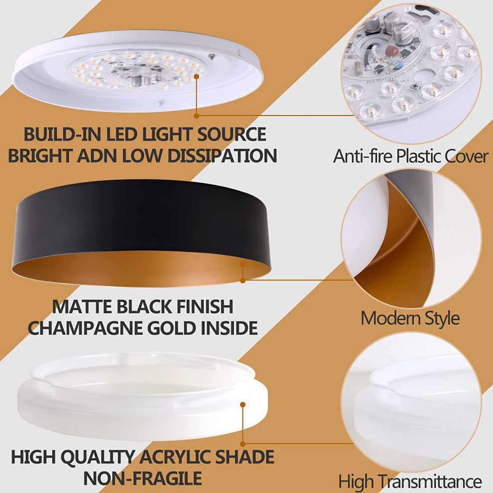 Matte Black Flush Mount Light, LED Ceiling Light Fixture, Gold Inside Finish