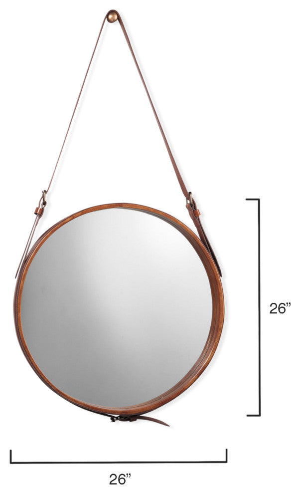 Large Round Steel Mirror, Brown Leather