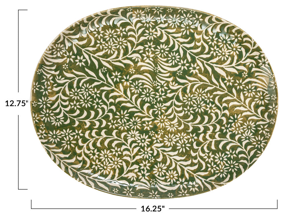 Stoneware Platter With Wax Relief Botanicals, Green