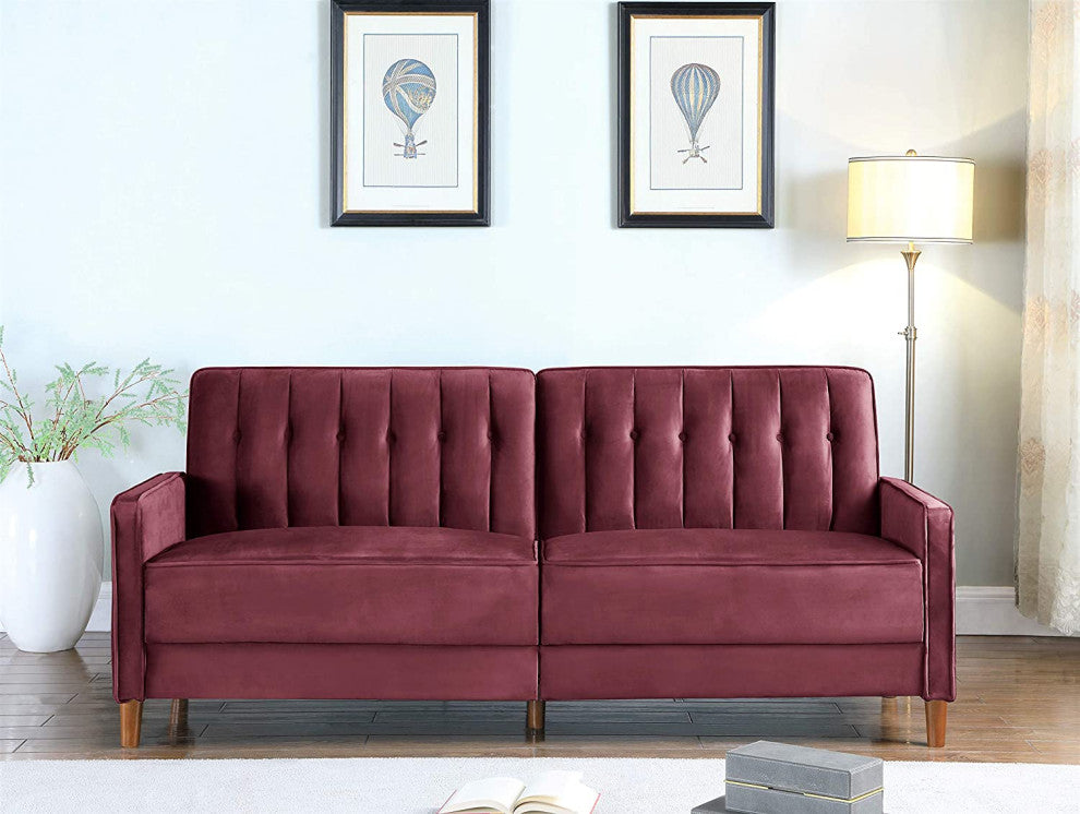 Mid-Century Design Convertible Sofa Bed, Burgundy