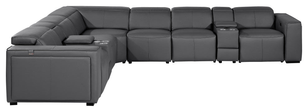 Niccolo Italian Leather 8-Piece L-Shaped Power Reclining Sectional, Dark Gray