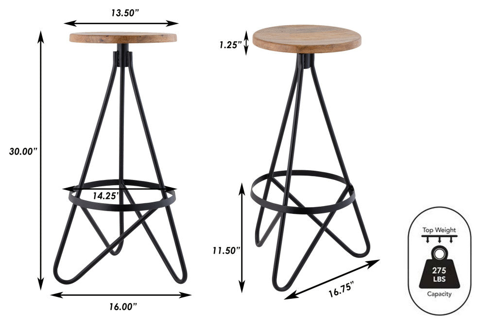 Spiroa Modern Industrial Metal Backless Circular Bar Stool, Brown