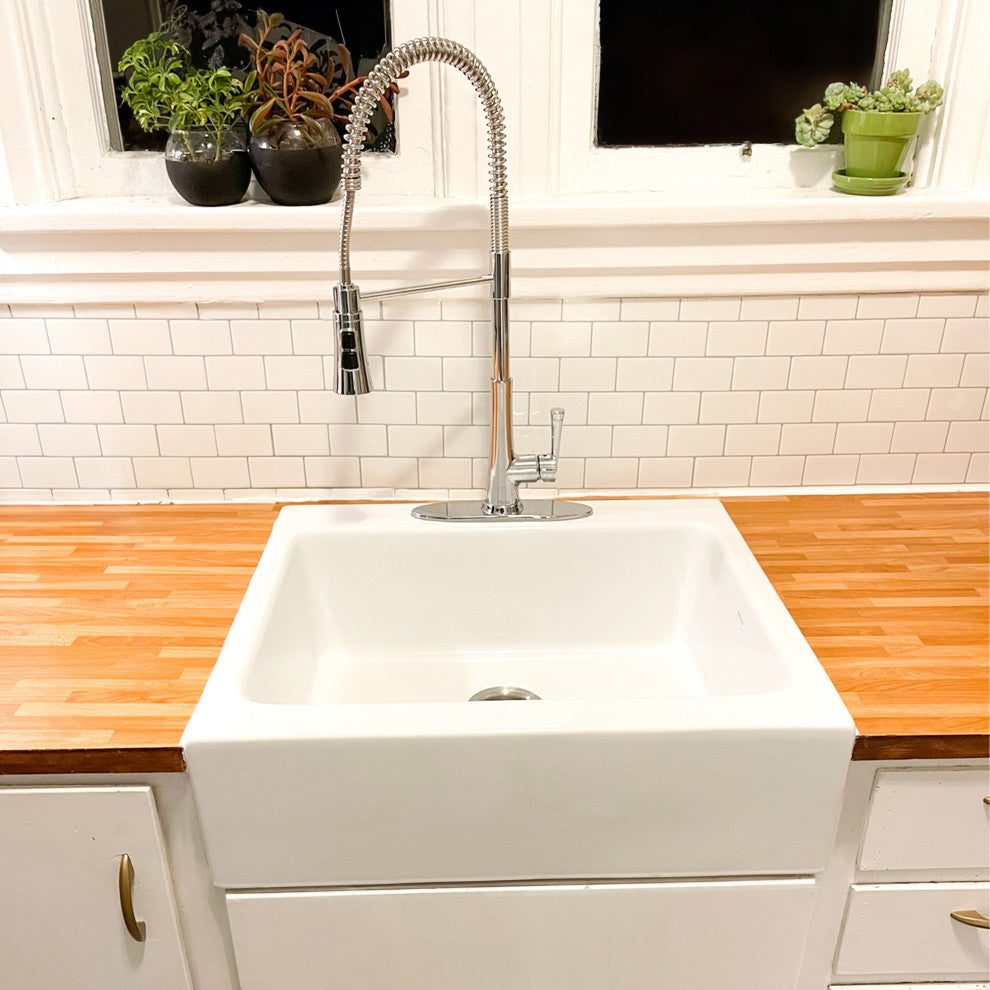 Parker White Fireclay 26" Single Bowl Quick-Fit Drop-In Kitchen Sink, 3 Holes