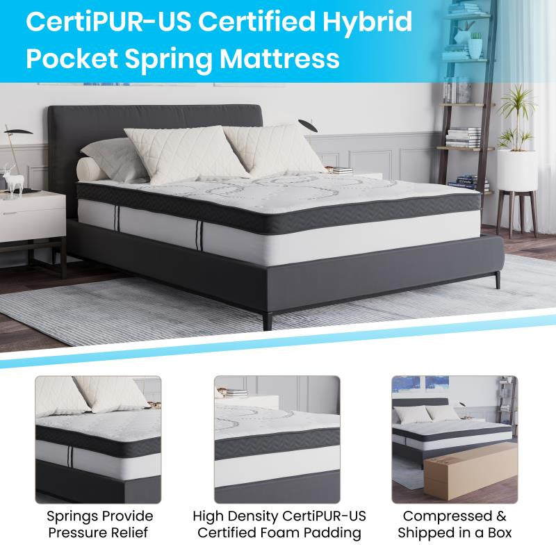 14" Metal Platform Bed Frame, 12" Pocket Spring Mattress & Memory Foam Topper, Black, King