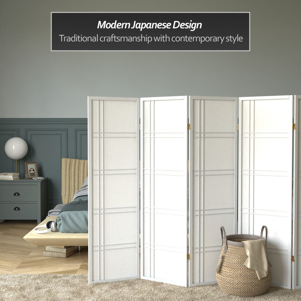 5' Tall Double Cross Shoji Screen, White, 6 Panels