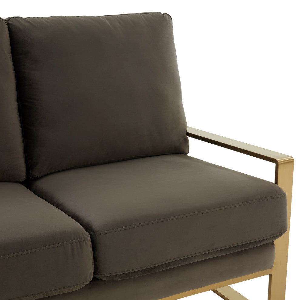 LeisureMod Jefferson Modern Design Velvet Loveseat With Gold Frame, Dark Gray