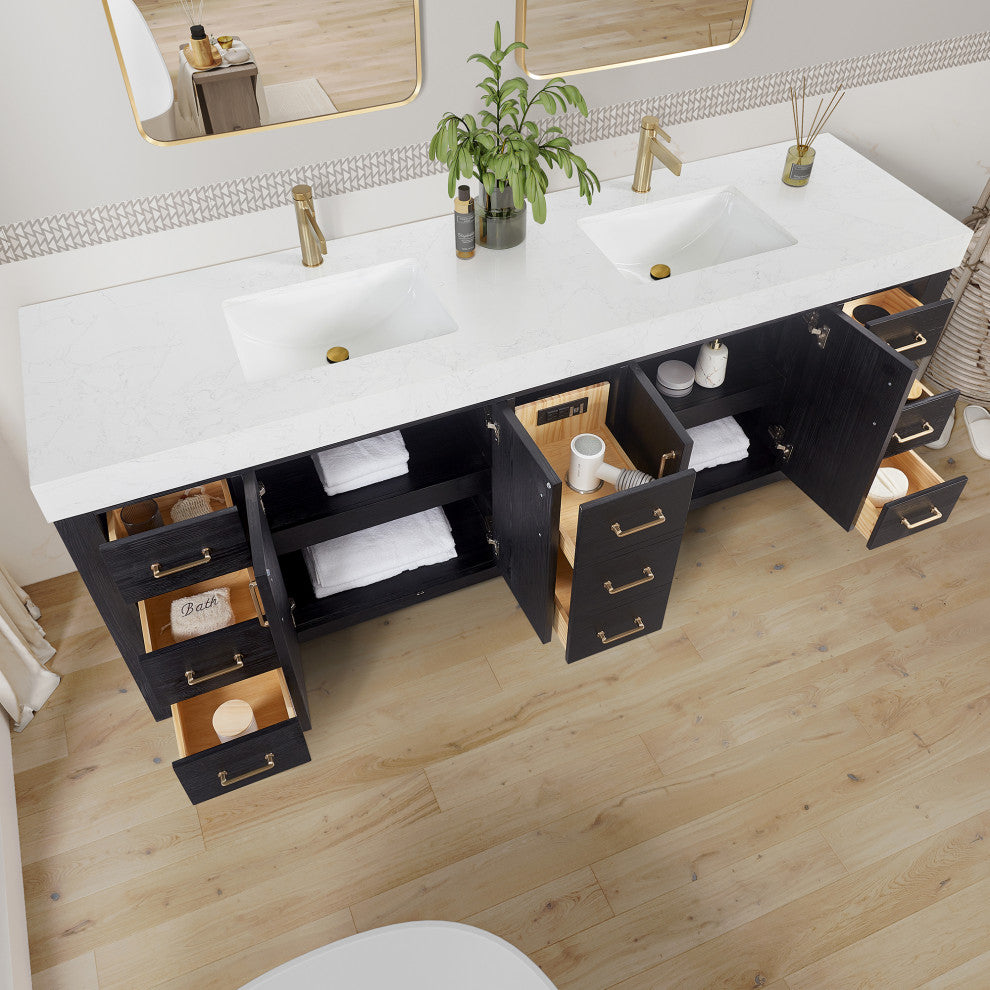Leon Bath Vanity With Composite Stone Top, Fir Wood Black, 84", With Mirror