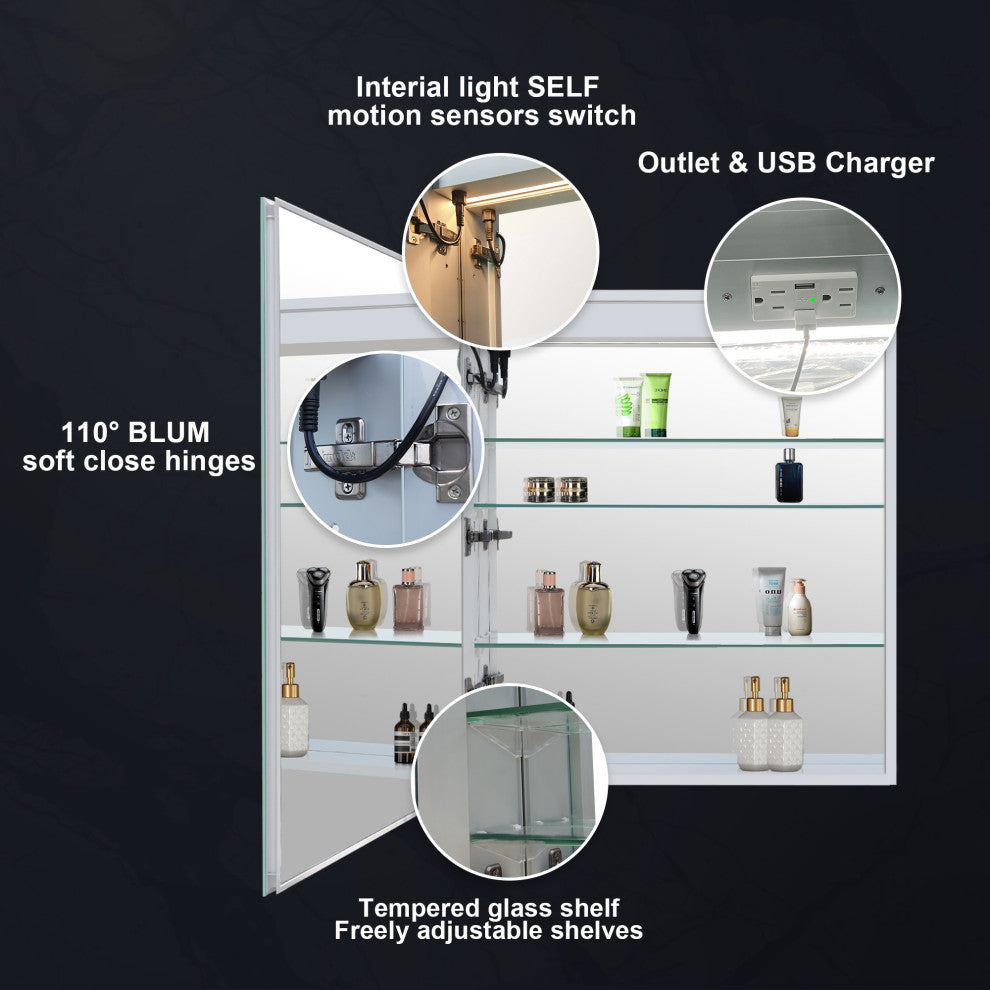 Recessed/Surface Mount LED Medicine Cabinet Mirror with Defogger, 24"x30" Left Hinge
