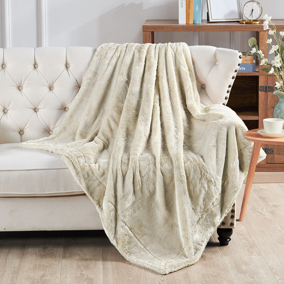 Plain Faux Fur Throw Blanket, Beige, 50''x60''