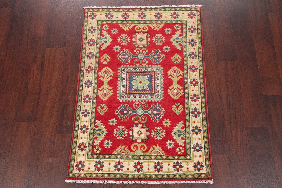 Kazak Traditional Wool Handmade Pakistani Oriental Area Rug, Red, 3'10"X2'8"