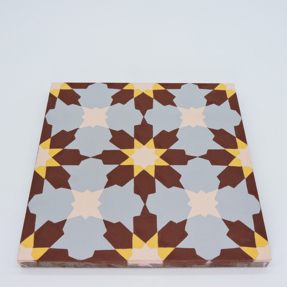Ahfir Handmade Cement Tile, Brown/Blue/Yellow, Sample